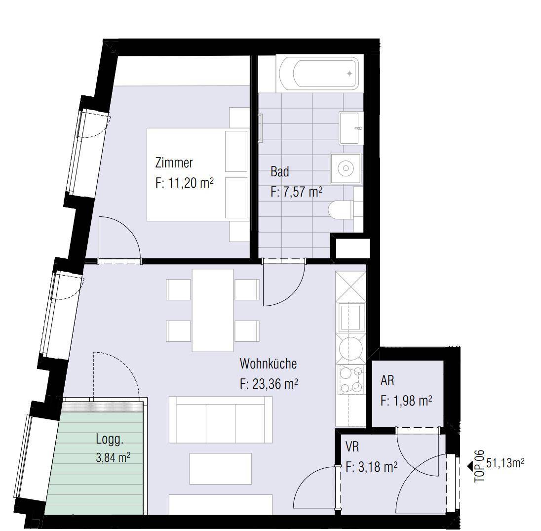 Grundriss einer Wohnung mit Wohnküche, Schlafzimmer, Bad und Loggia.