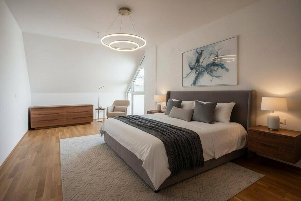 Modernes Schlafzimmer mit Holzboden, schrägen Wänden und stilvoller Einrichtung unter einer Designerlampe.