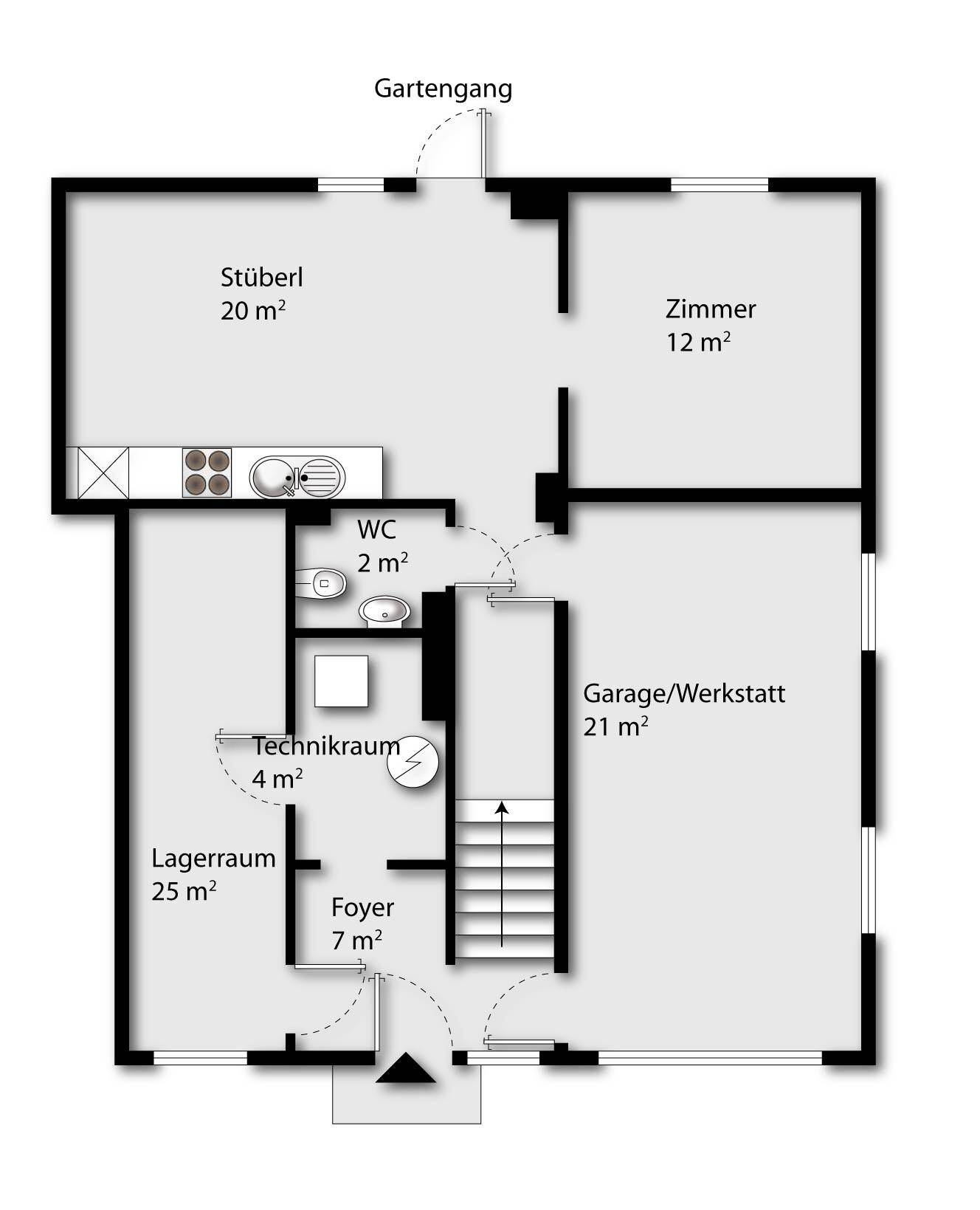 Grundriss des Erdgeschosses mit Stüberl, Technikraum, Lagerraum, Garage/Werkstatt und Gartenzugang.