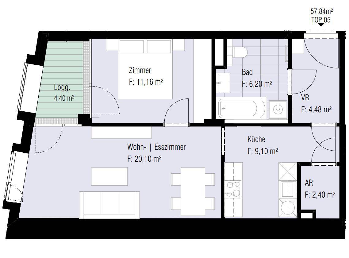Grundriss einer Wohnung mit Wohn-Esszimmer, Küche, Schlafzimmer, Bad und Loggia.