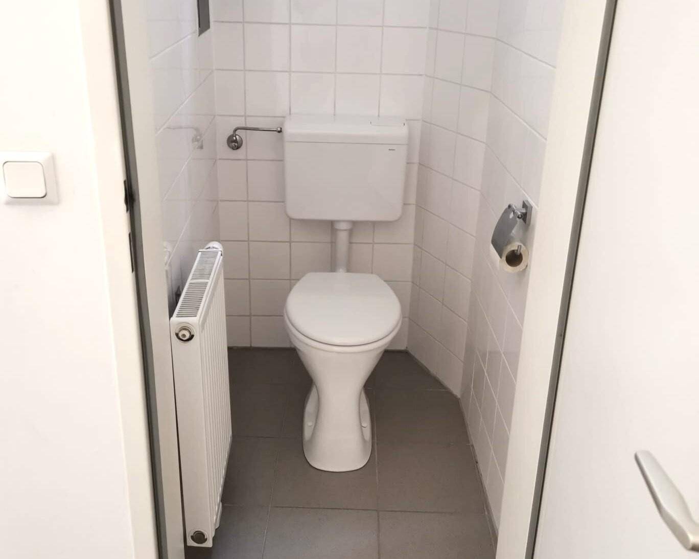 Kleines WC mit weißen Fliesen, Toilette und Heizkörper in einem funktionalen Design.