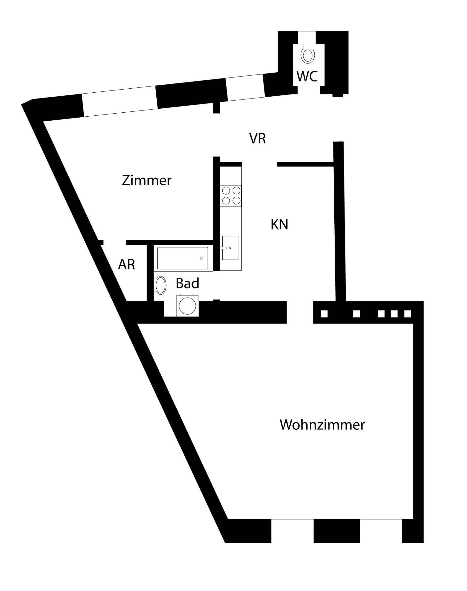 Grundriss einer Wohnung mit Wohnzimmer, Zimmer, Bad und separatem WC.