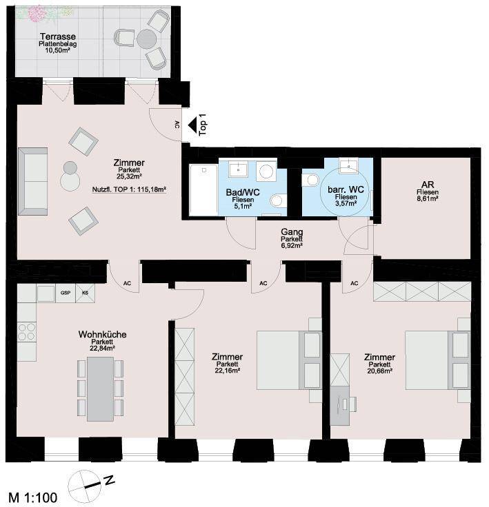 Detaillierter Grundriss einer Wohnung mit drei Zimmern, offener Wohnküche und einer Terrasse.
