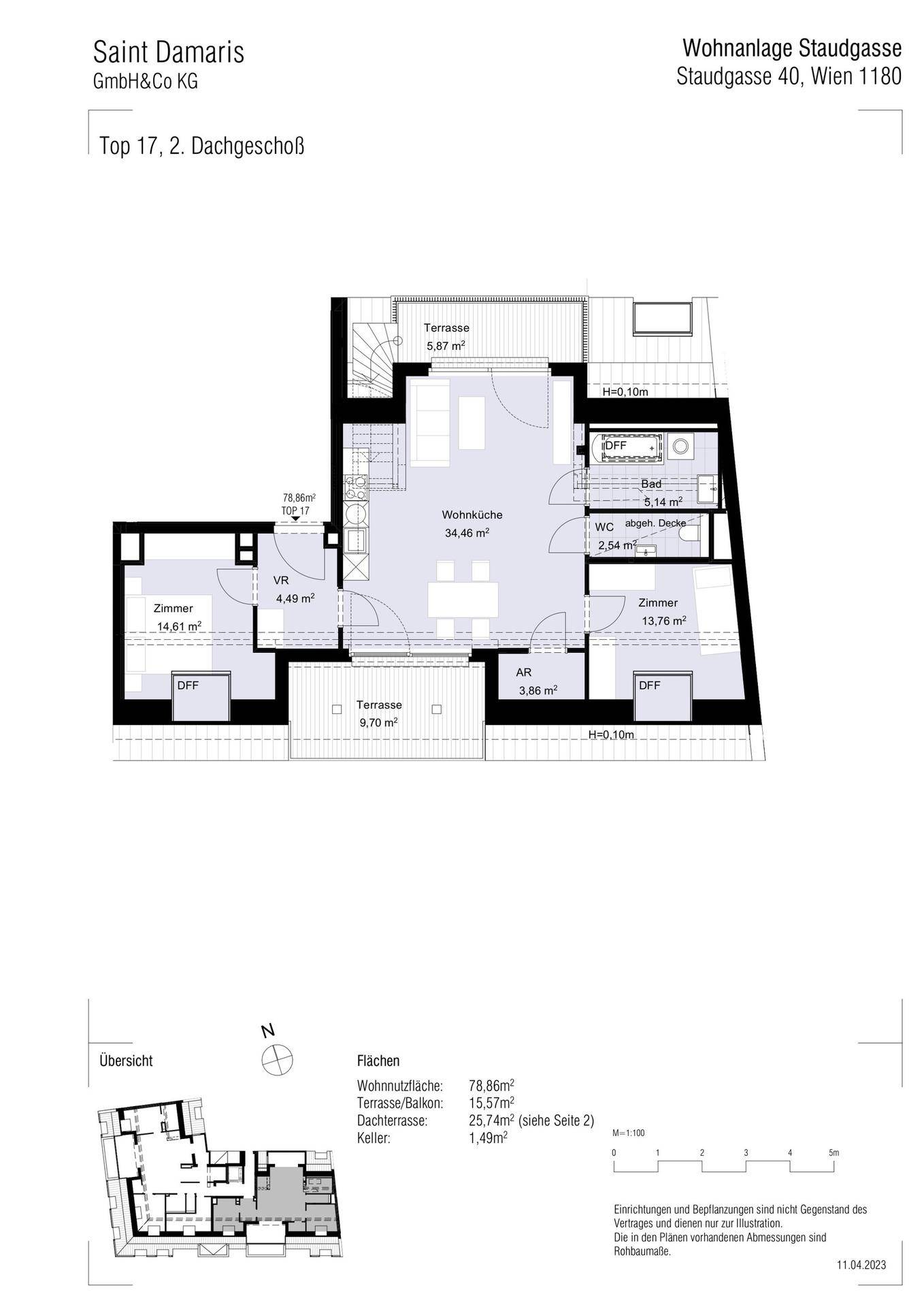 Detaillierter Grundriss der Wohnung Top 17 mit Flächenangaben und Raumaufteilung.