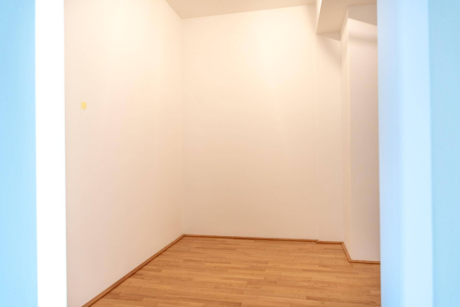 Kleiner, leerer Abstellraum mit Holzboden und weißen Wänden, ideal für zusätzlichen Stauraum.
