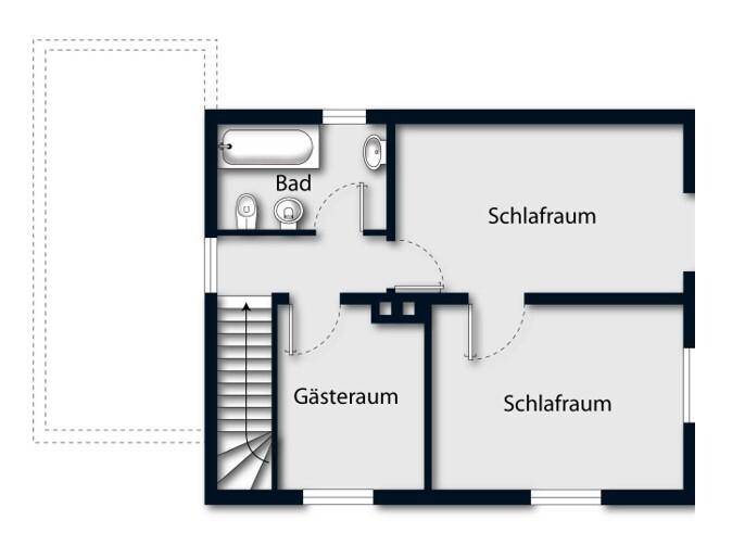 Grundriss des Obergeschosses mit einem Badezimmer, zwei Schlafzimmern und einem Gästezimmer.