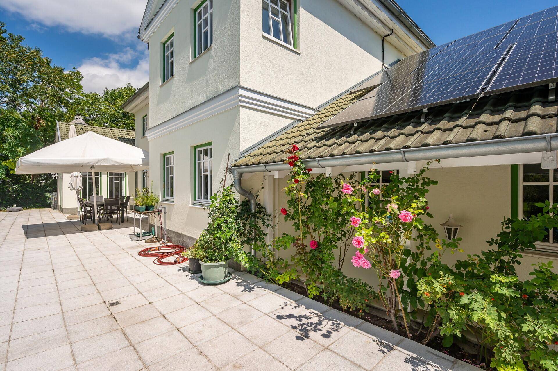 Seitliche Terrasse mit blühenden Rosensträuchern und Photovoltaikanlage auf dem Dach.