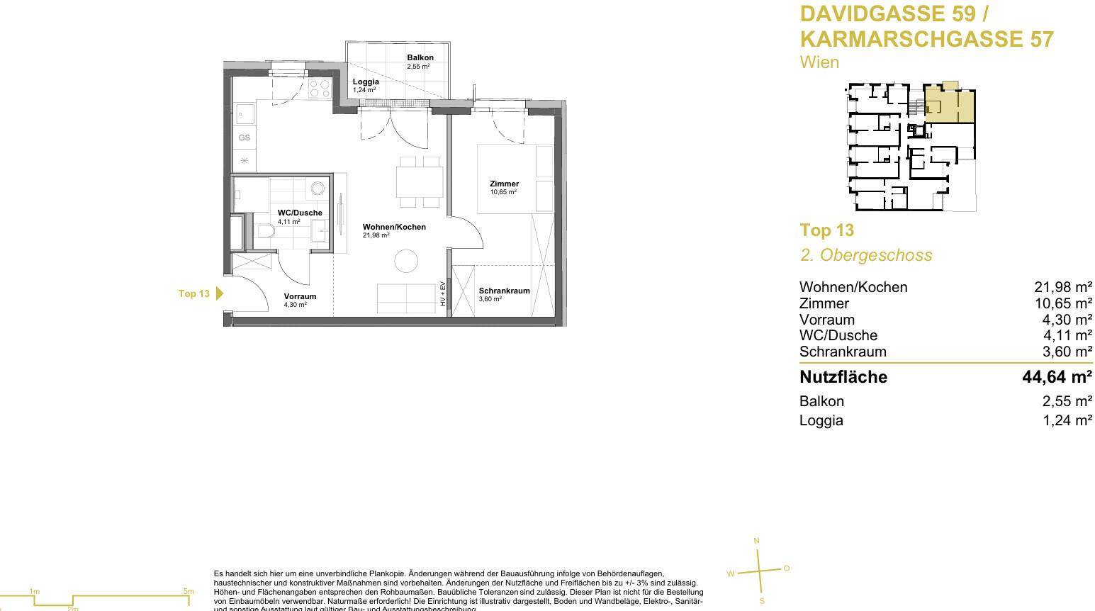 Grundriss einer modernen Wohnung mit offenem Wohn-/Kochbereich, einem Schlafzimmer, Bad, Balkon und Loggia.