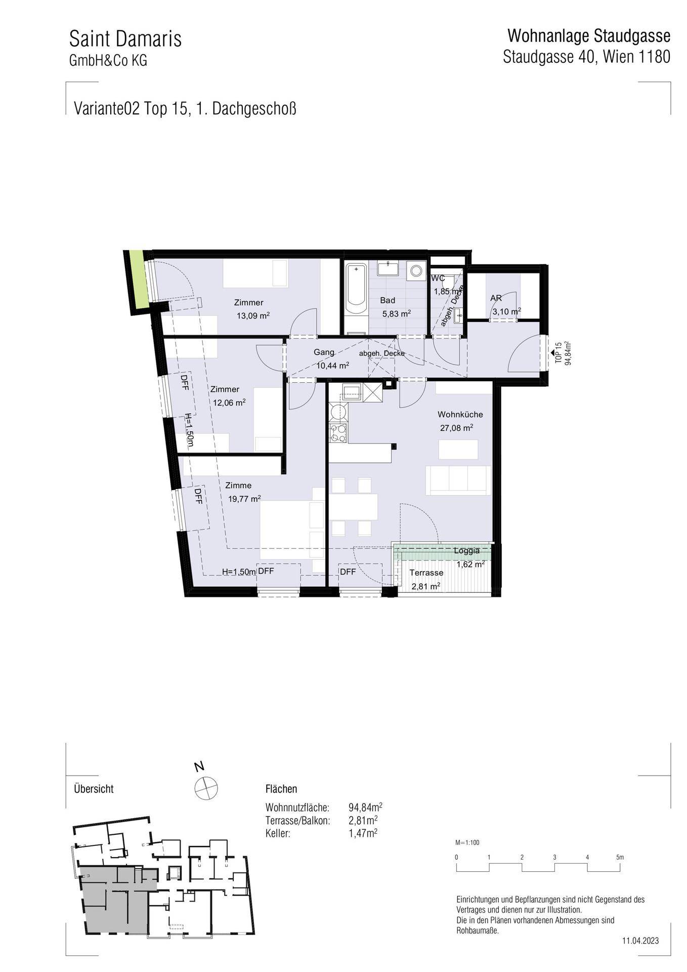 Detaillierter Grundriss einer Dachgeschosswohnung mit Loggia und Terrasse, inklusive Flächenübersicht.