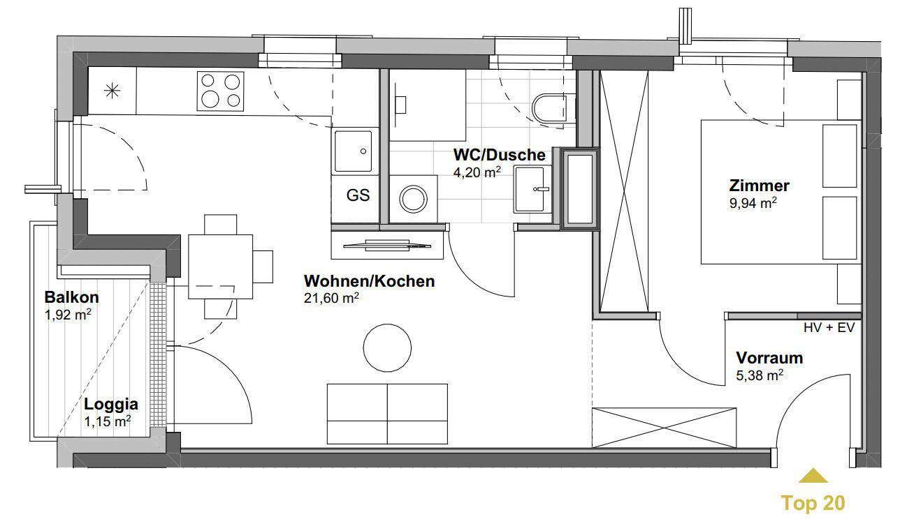 Grundriss einer Wohnung mit offenem Wohn-/Kochbereich, Schlafzimmer und Balkon.