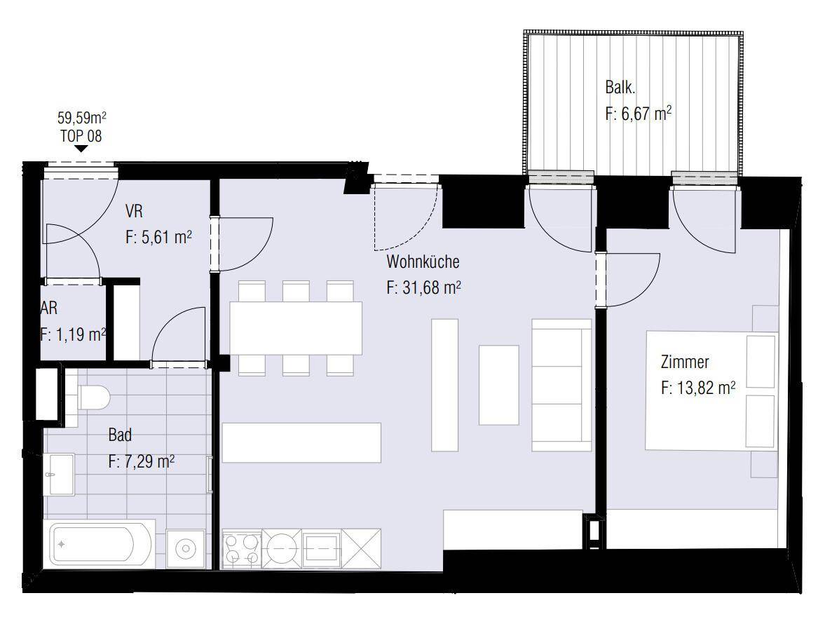 Grundriss einer Wohnung mit großer Wohnküche, Schlafzimmer, Bad und Balkon.