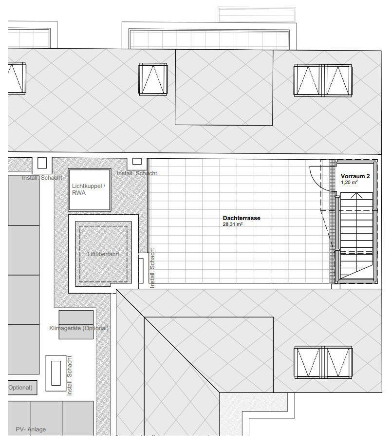 Grundriss der Dachterrasse von Top 41_2 mit Photovoltaikanlage und Zugang zum Lift.