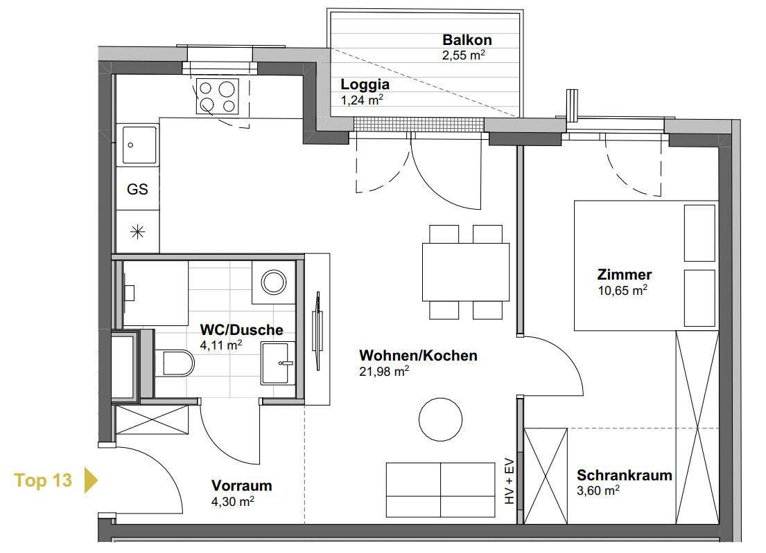 Grundriss einer Wohnung mit offenem Wohn-/Kochbereich, einem Zimmer, Balkon und Loggia.
