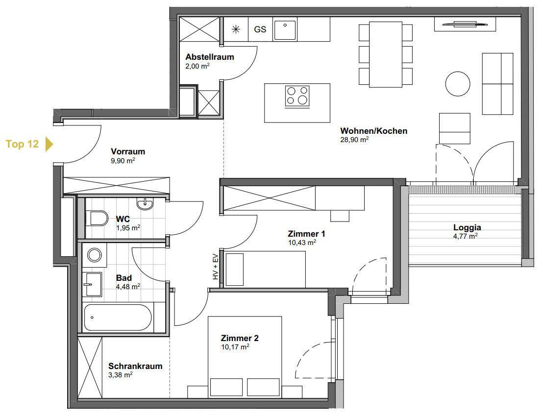 Grundriss einer Wohnung mit zwei Zimmern, offenem Wohn-/Kochbereich, Bad, WC und Loggia.