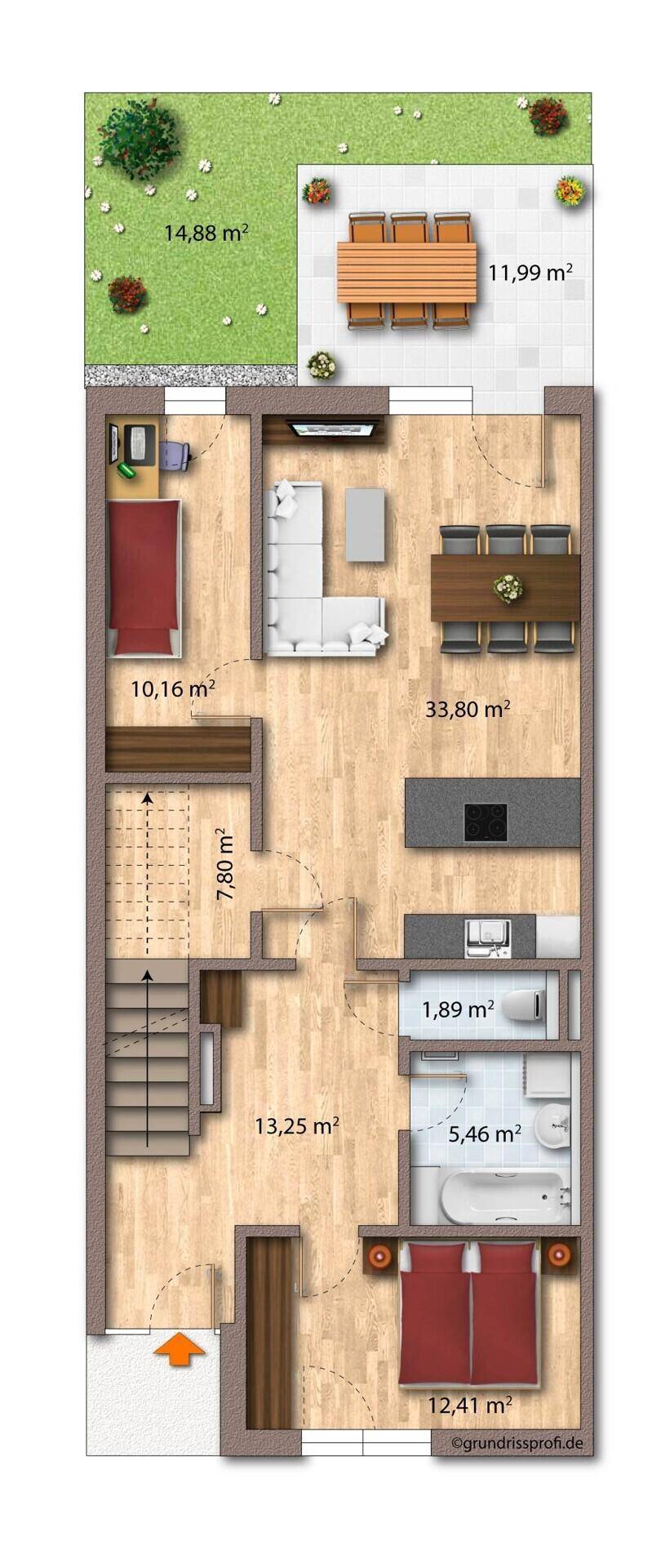 Detaillierter Grundriss einer Wohnung mit Wohnbereich, Küche, Bad und Zugang zum Garten.