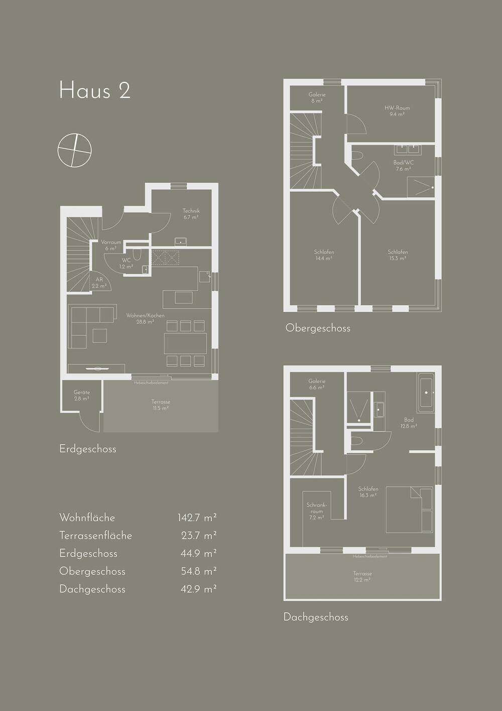 Grundriss von Haus 2 zeigt Erdgeschoss, Obergeschoss und Dachgeschoss mit Flächenangaben.
