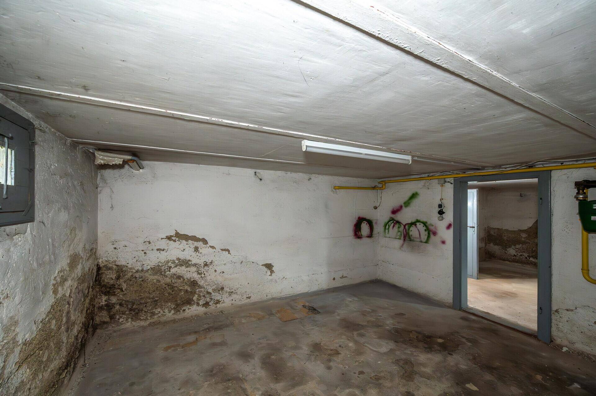 Kellerraum mit Betonboden und Wänden, die Renovierungsbedarf zeigen.