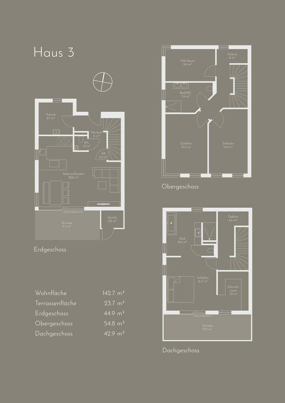 Grundrisspläne für Haus 3 zeigen drei Etagen mit offenem Wohnbereich, mehreren Schlafzimmern, Bädern und Terrassen.