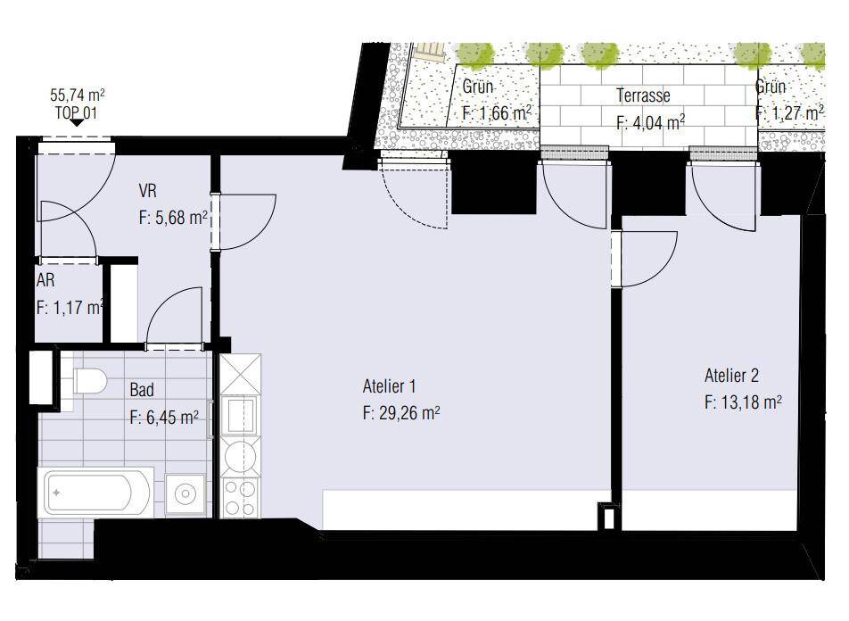 Grundriss einer Wohnung mit zwei Ateliers, Bad, Terrasse und Grünfläche.