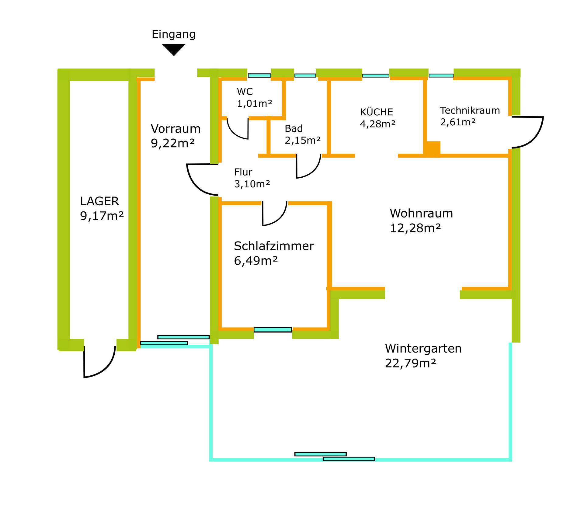 Grundriss des Erdgeschosses mit Wohnraum, Küche, Schlafzimmer und Wintergarten.