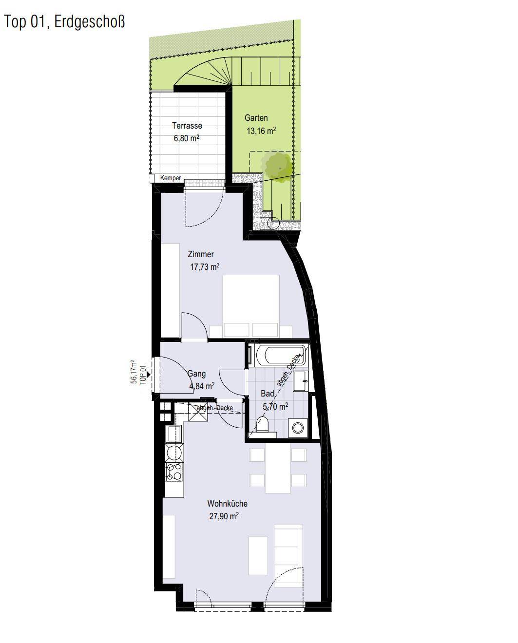 Grundriss einer Erdgeschosswohnung mit Terrasse, Garten und offener Wohnküche.