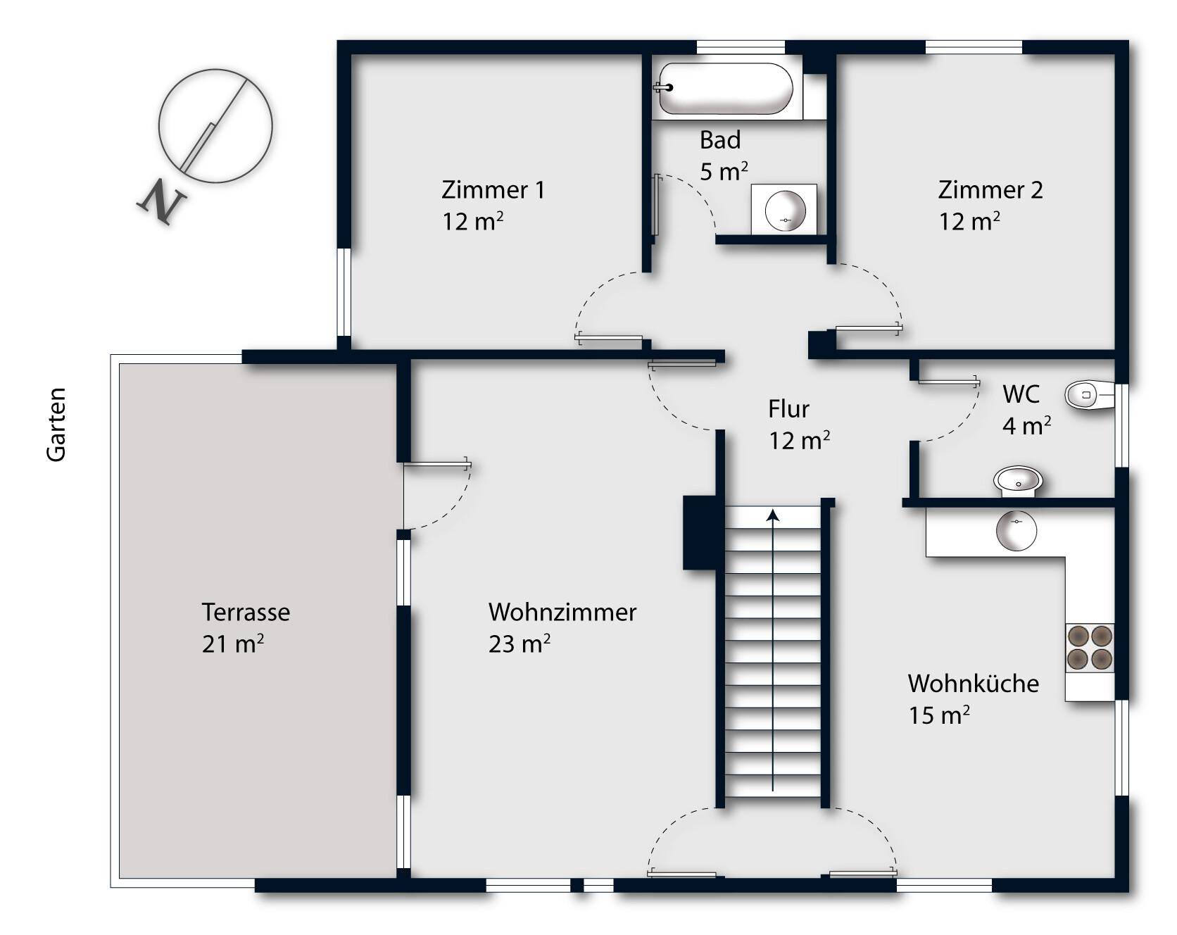 Grundriss des Obergeschosses mit Wohnzimmer, Wohnküche, zwei Schlafzimmern, Bad und großer Terrasse.