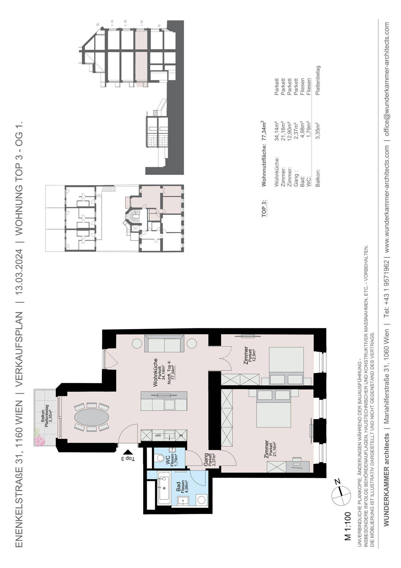 Detaillierter Grundriss der Wohnung Top 3 im ersten Obergeschoss mit Raumaufteilung und Flächenangaben.