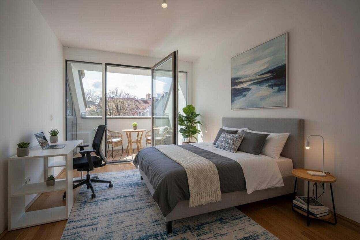 Gemütliches Schlafzimmer mit Balkonzugang, Holzboden und einem Arbeitsbereich am Fenster.