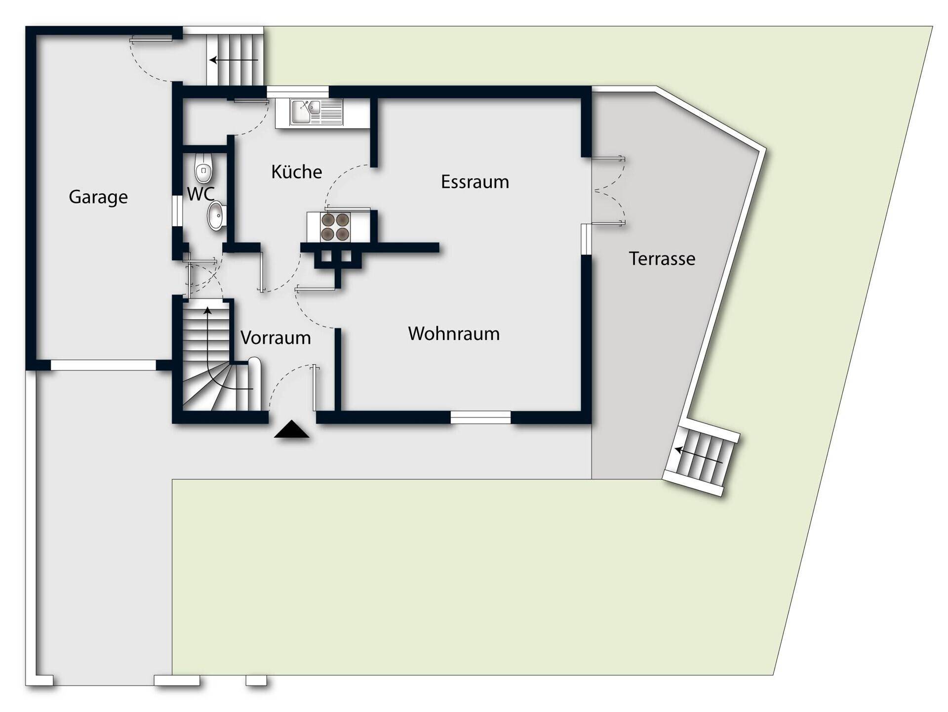 Grundriss des Erdgeschosses mit Garage, Küche, Ess- und Wohnbereich sowie einer Terrasse.