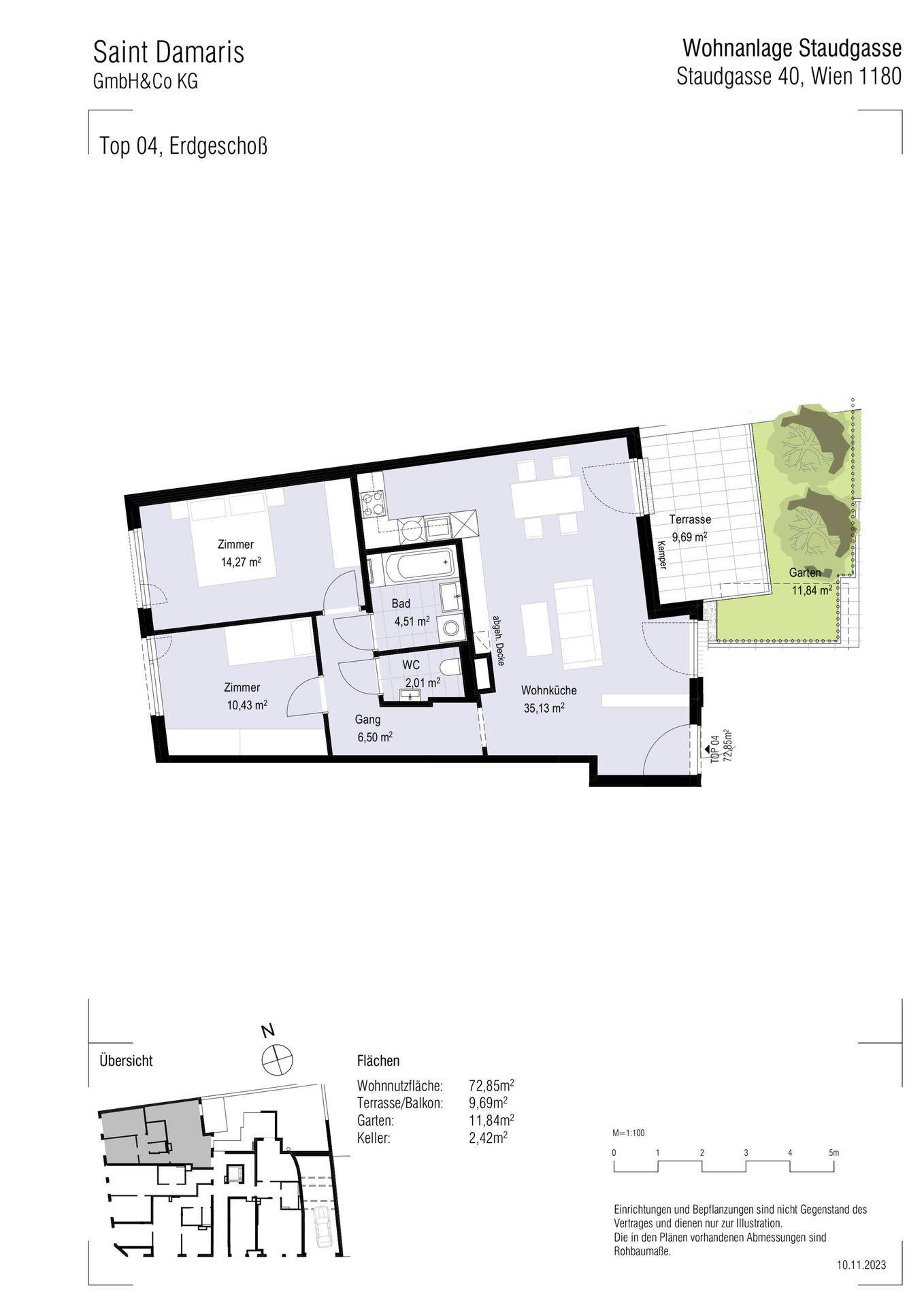 Grundriss der Erdgeschosswohnung mit Terrasse, Garten und zwei Schlafzimmern.