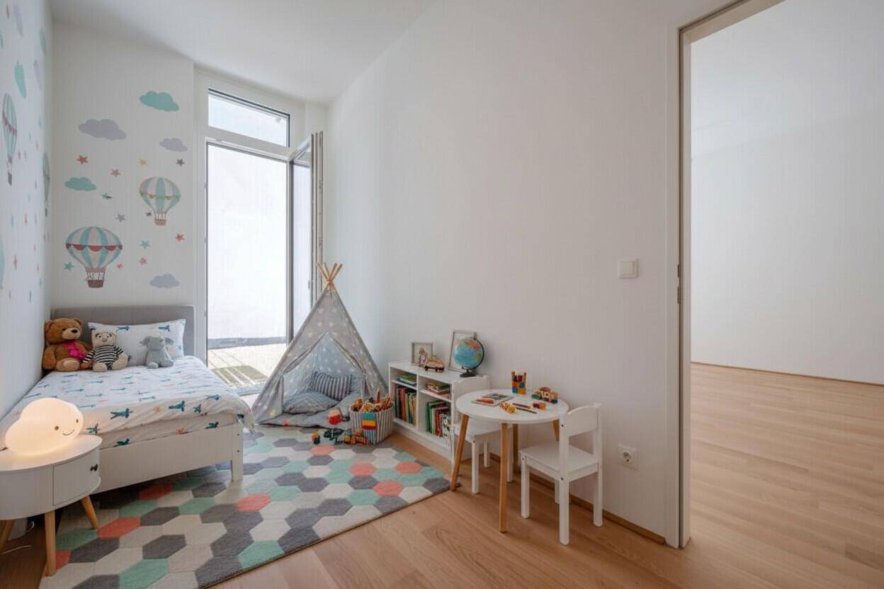 Helles Kinderzimmer mit Holzboden, verspielter Wanddekoration und Zugang zum Außenbereich.