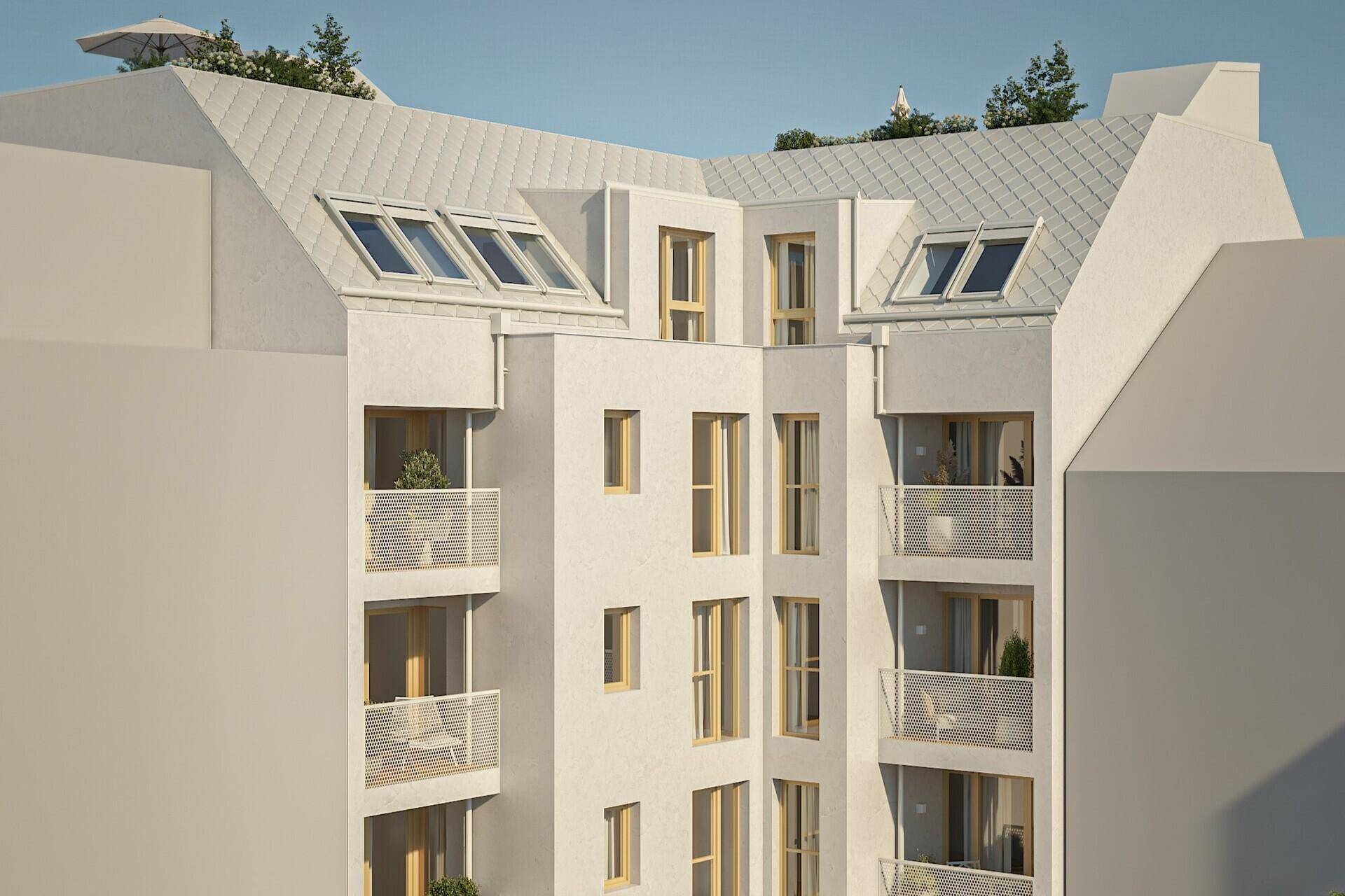 Detaillierter Grundriss einer Wohnung mit drei Zimmern, Bad und offenem Wohn-/Kochbereich.