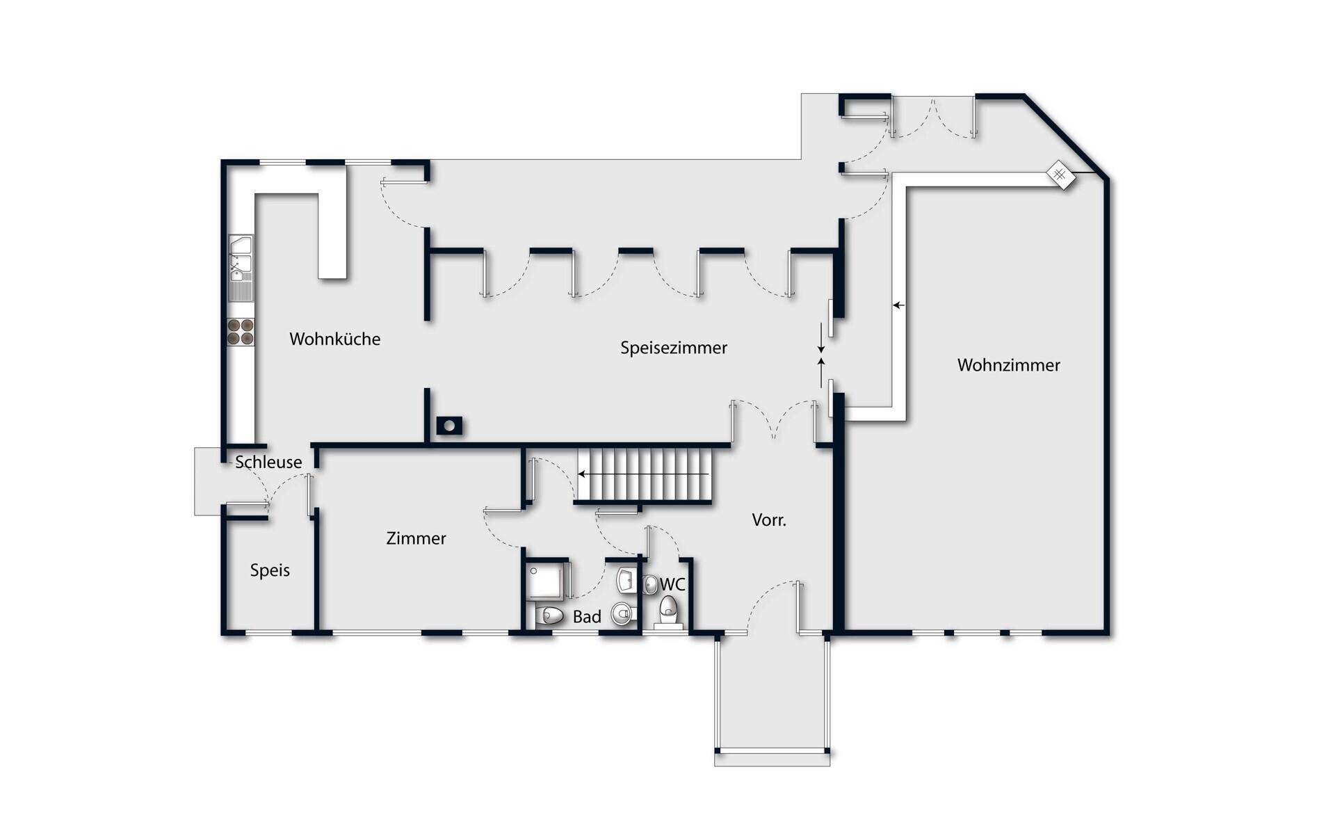 Grundriss des Erdgeschosses mit Wohnküche, Esszimmer und Wohnzimmer.