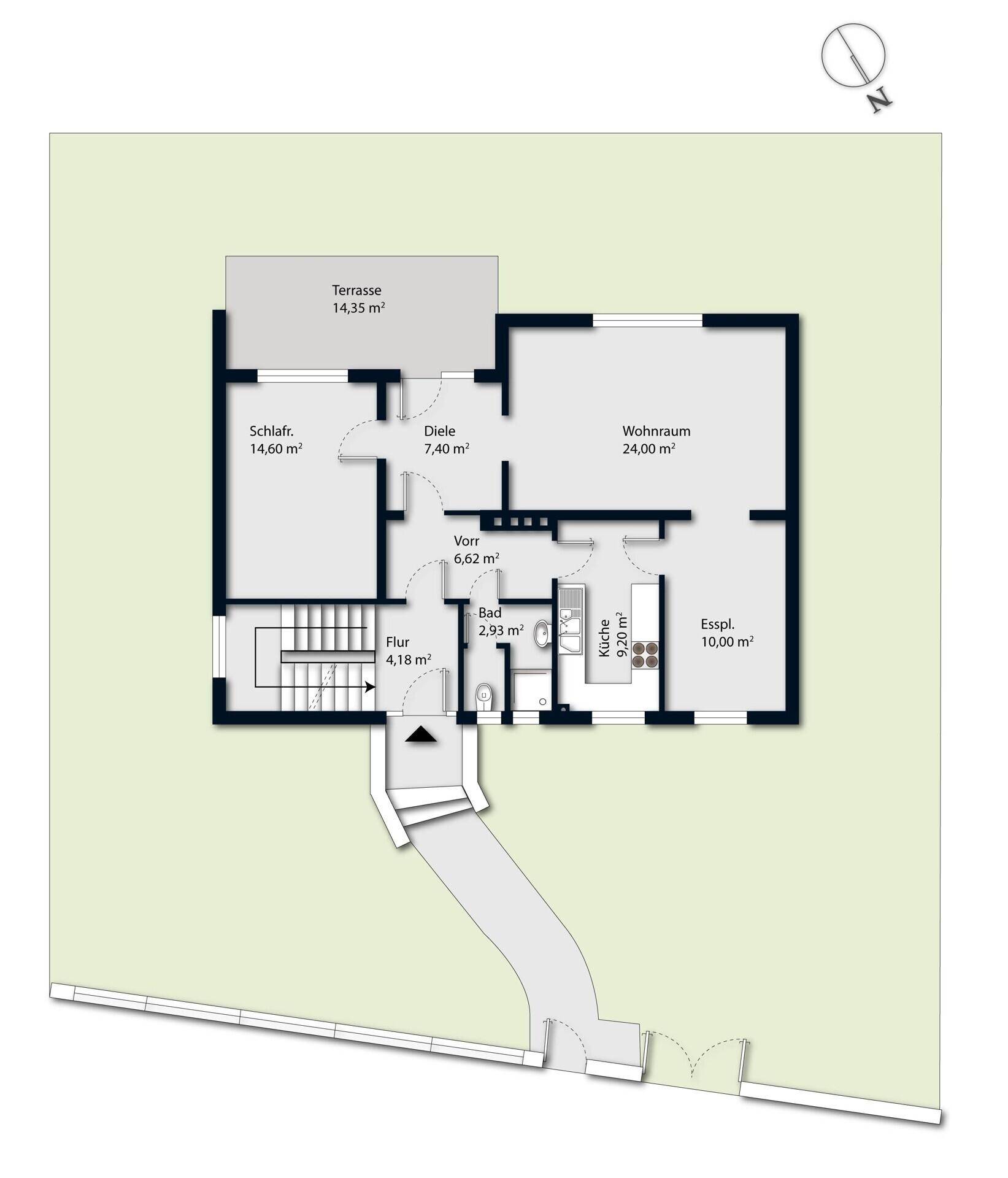 Grundriss des Erdgeschosses mit Wohnraum, Schlafzimmer und Terrasse.