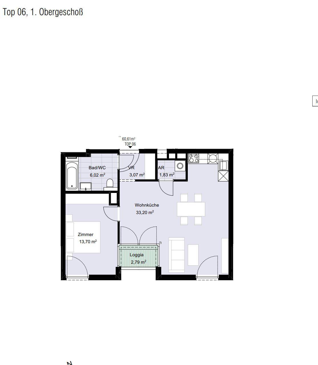 Grundriss einer Obergeschosswohnung mit Loggia und integrierter Wohnküche.