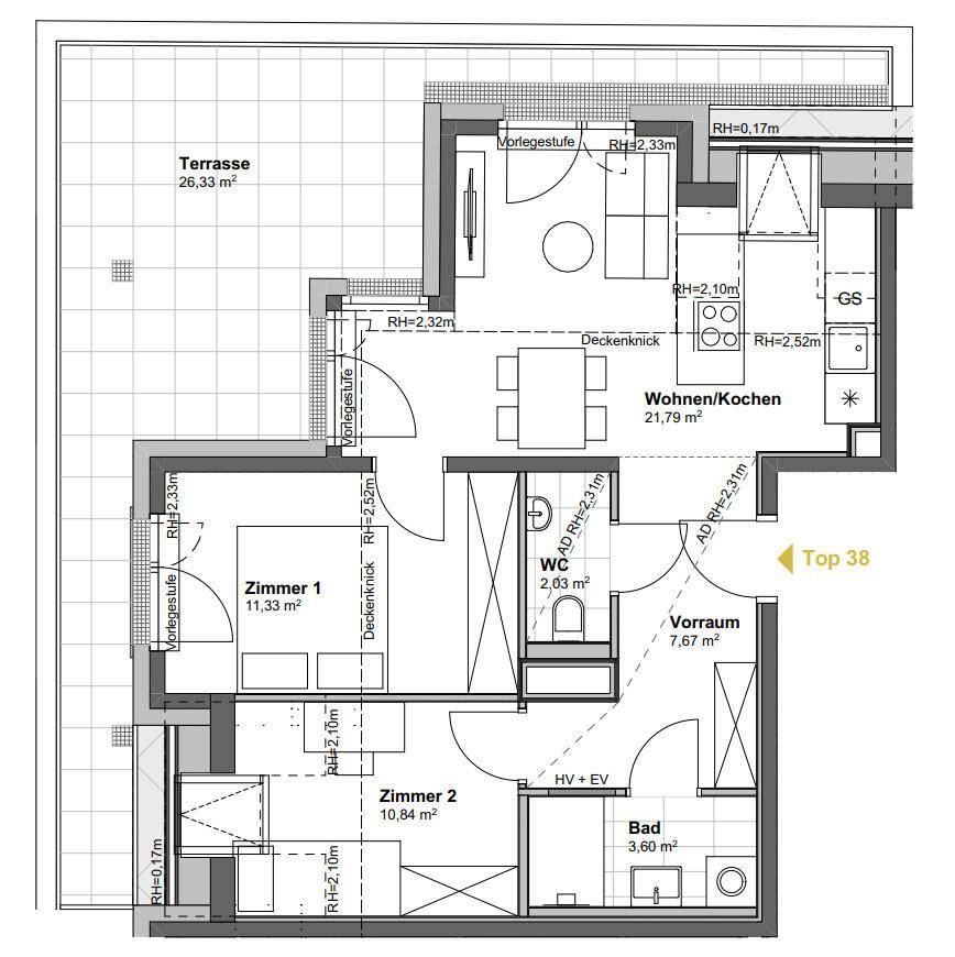 Grundriss einer Wohnung mit zwei Zimmern, offenem Wohn-/Kochbereich, Bad, WC und großer Terrasse.