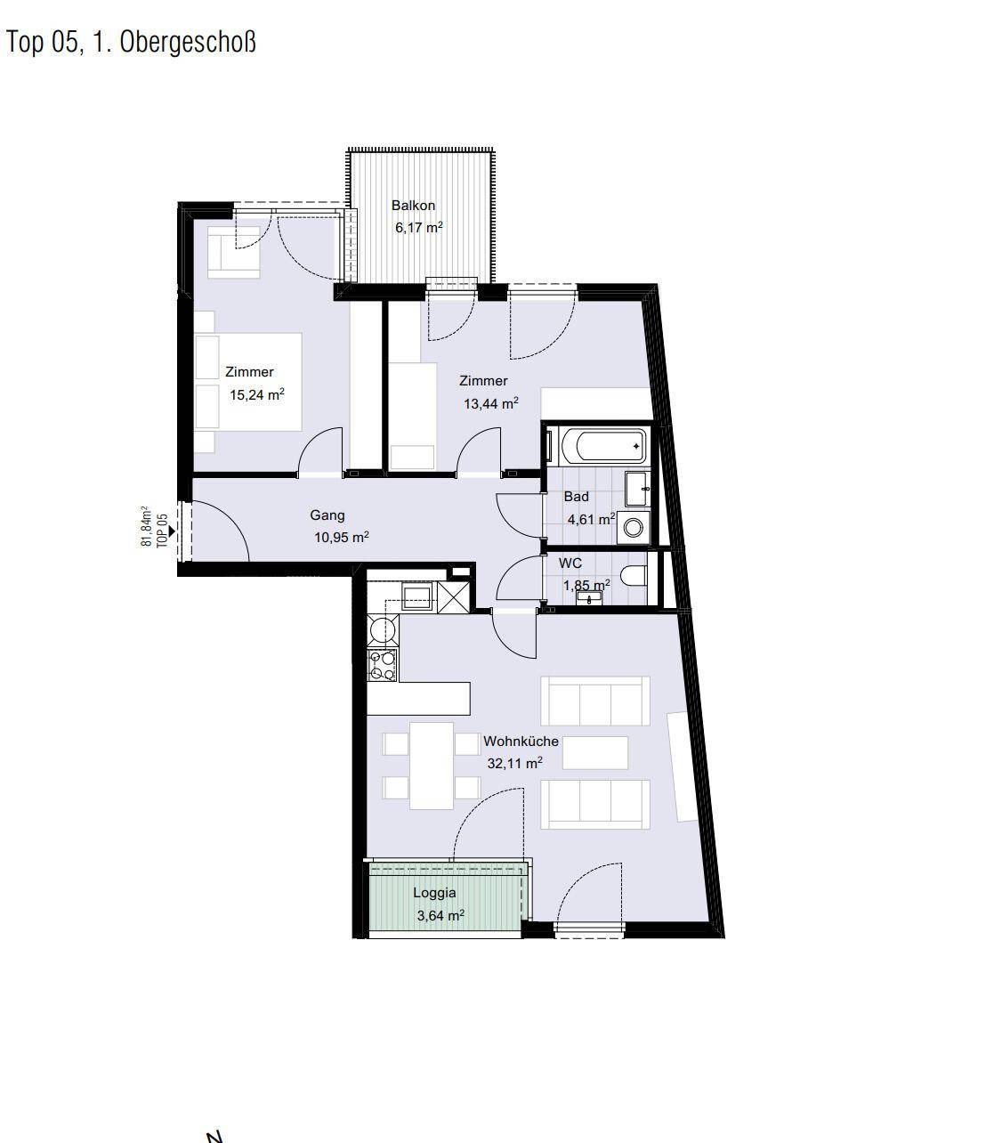 Grundriss einer Obergeschosswohnung mit Balkon, Loggia und offener Wohnküche.