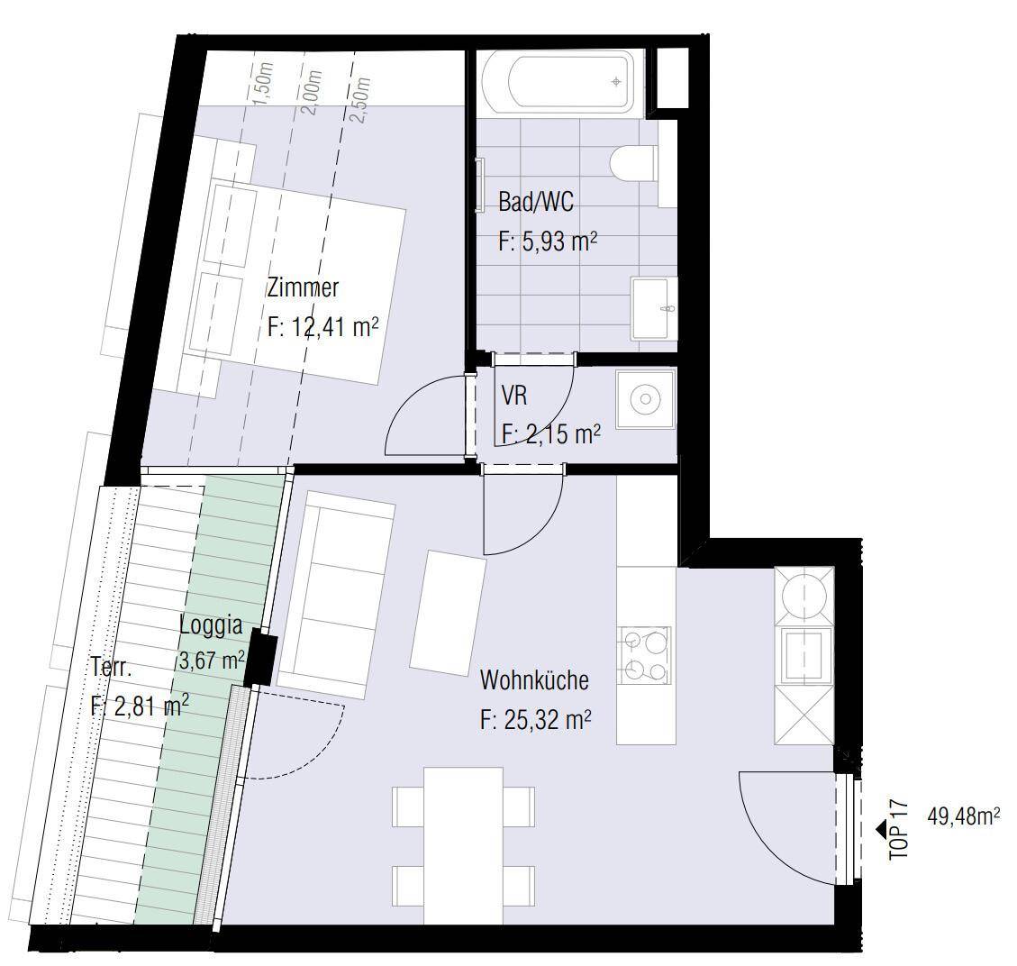 Grundriss einer Wohnung mit Wohnküche, Schlafzimmer, Bad, Loggia und Terrasse.