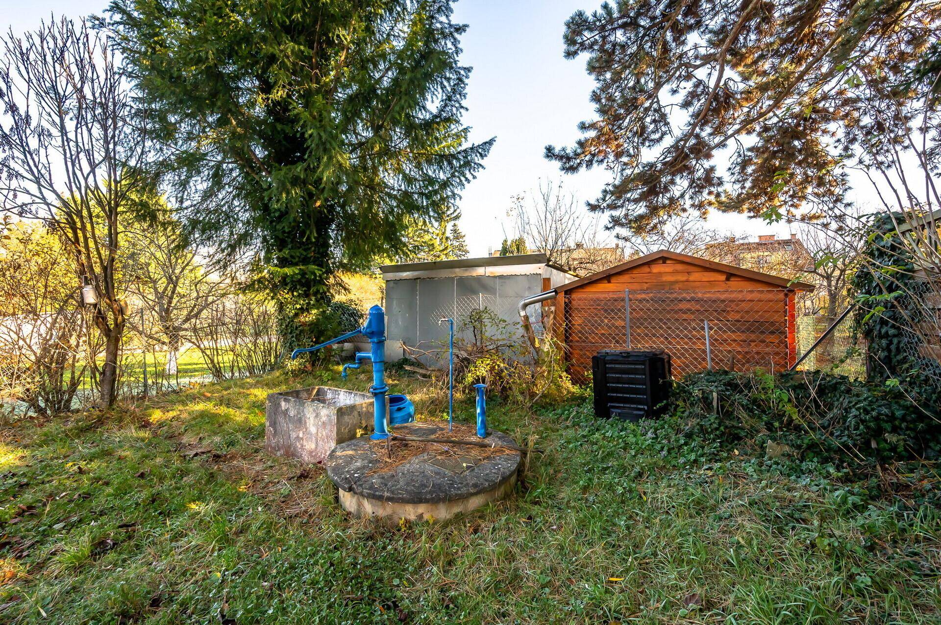 Gartenbereich mit Brunnen, Pumpe und Holzschuppen, umgeben von Bäumen und Rasen.