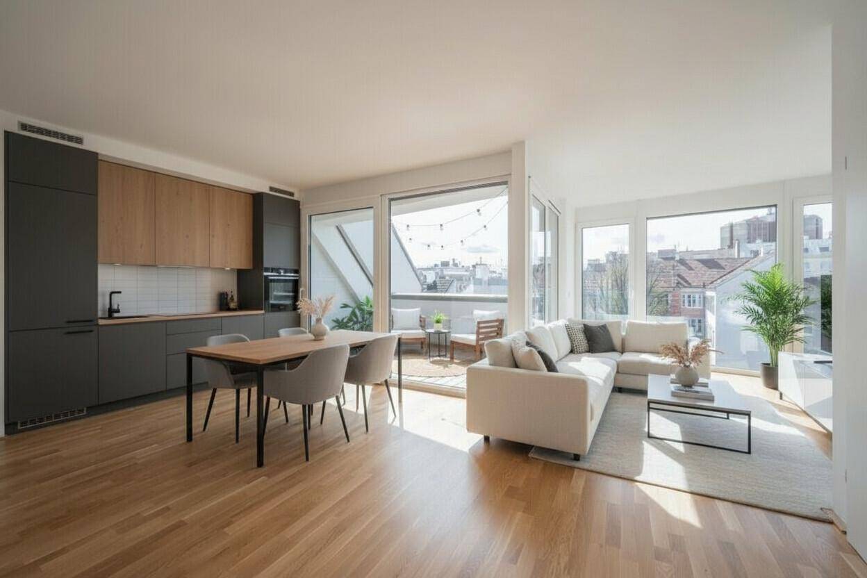 Moderner offener Wohn-Essbereich mit integrierter Küche, Holzboden und Zugang zu einem sonnigen Balkon.
