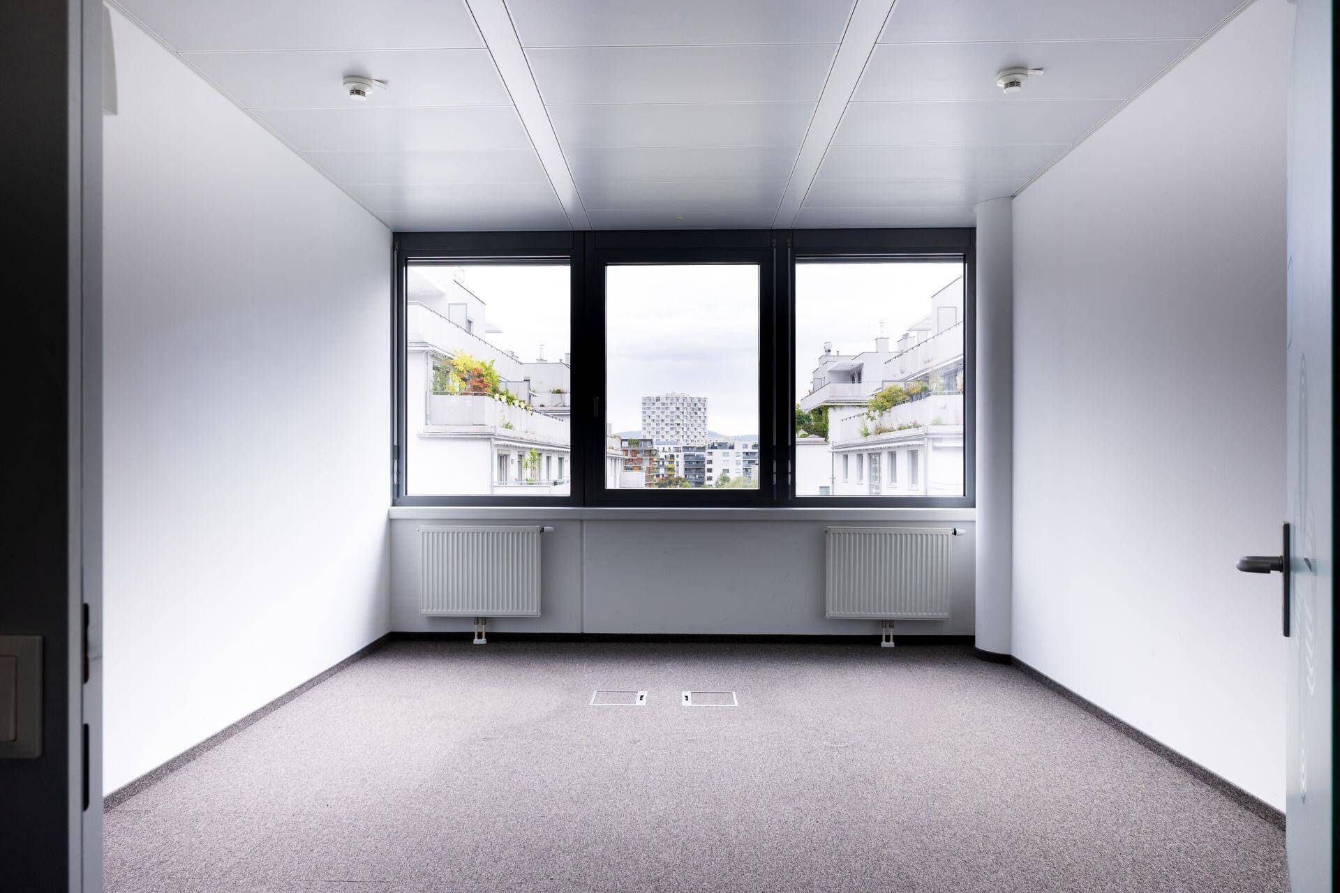 Leerer Büroraum mit Teppichboden, weißen Wänden und großen Fenstern mit Blick auf andere Gebäude.