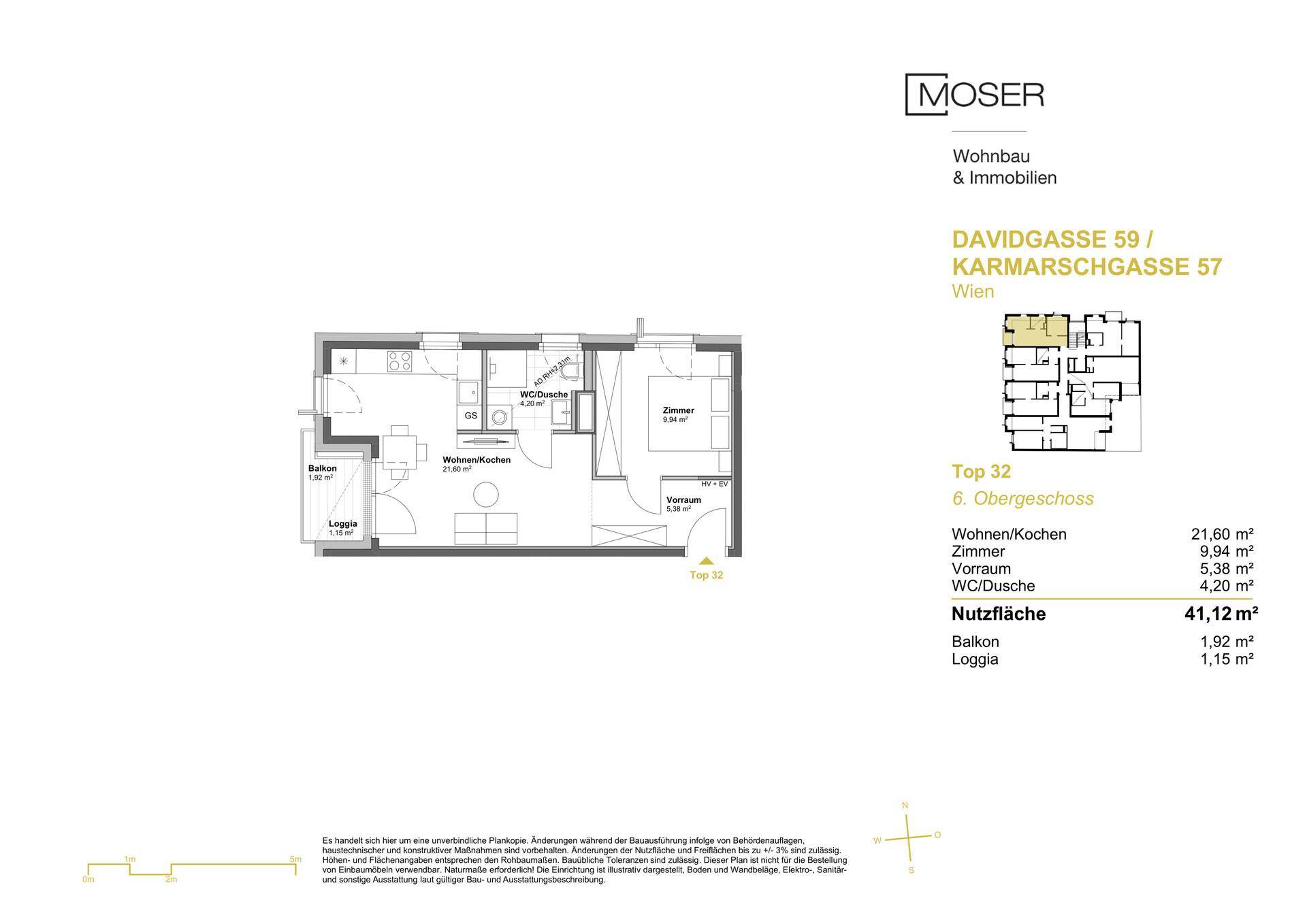 Detaillierter Grundriss der Wohnung Top 32 im 6. Obergeschoss mit Flächenangaben.