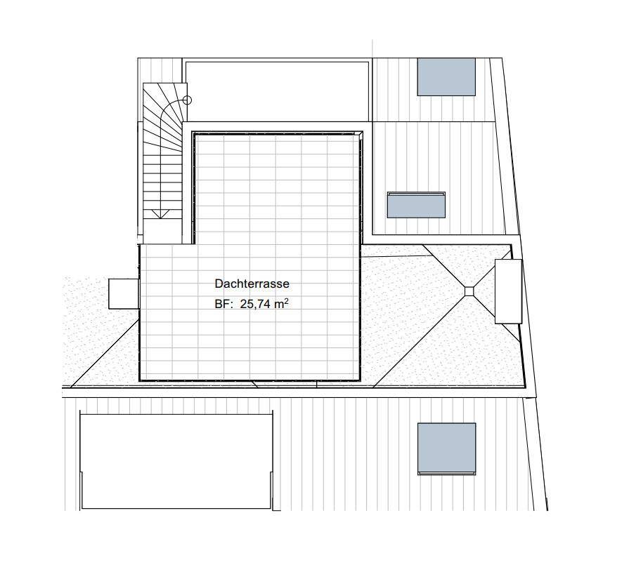 Grundriss der Dachterrasse mit Zugang über eine Außentreppe und großzügiger Fläche.