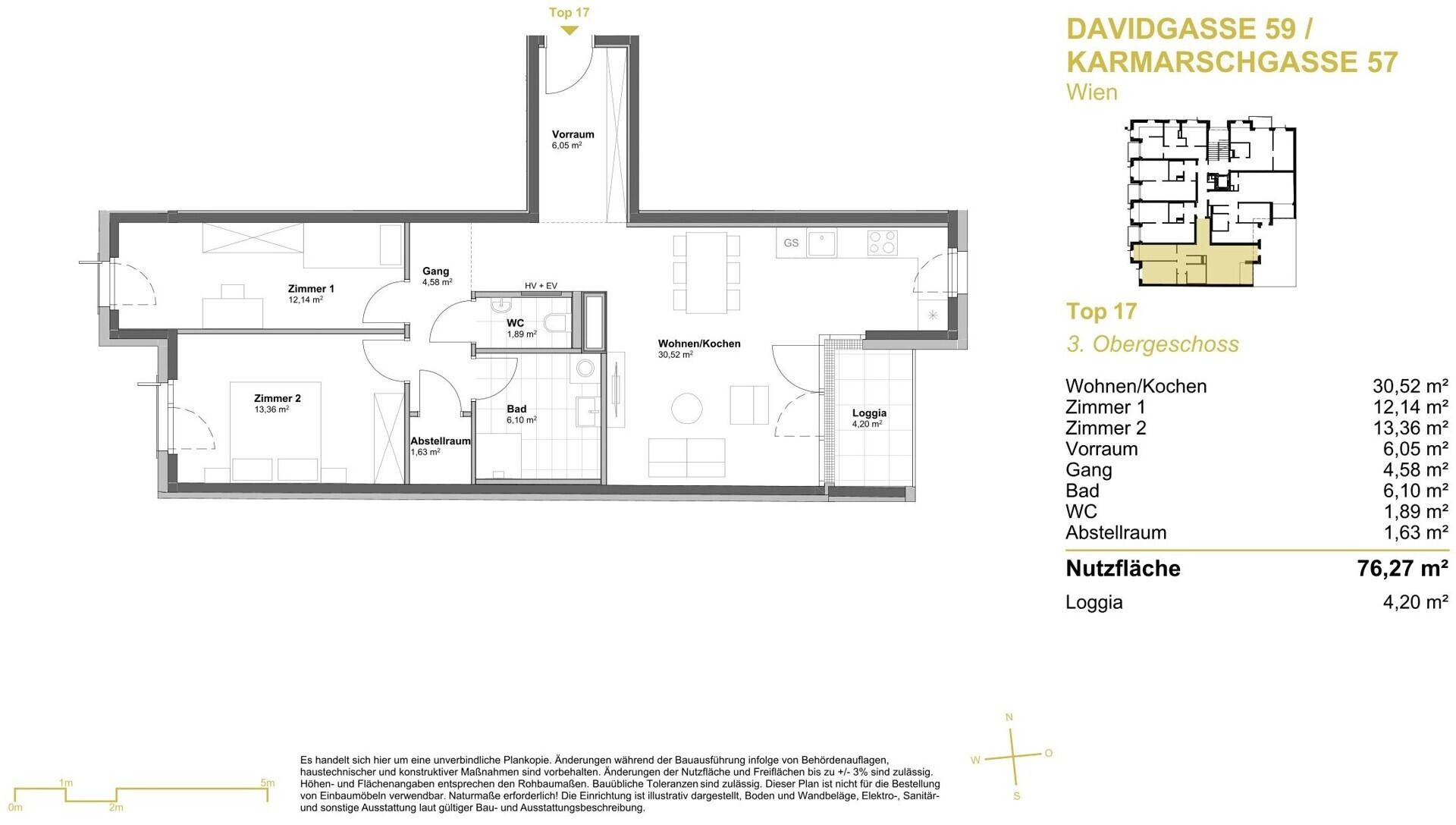 Grundriss der Wohnung Top 17 im 3. Obergeschoss mit Wohn-Kochbereich, zwei Zimmern und Loggia.