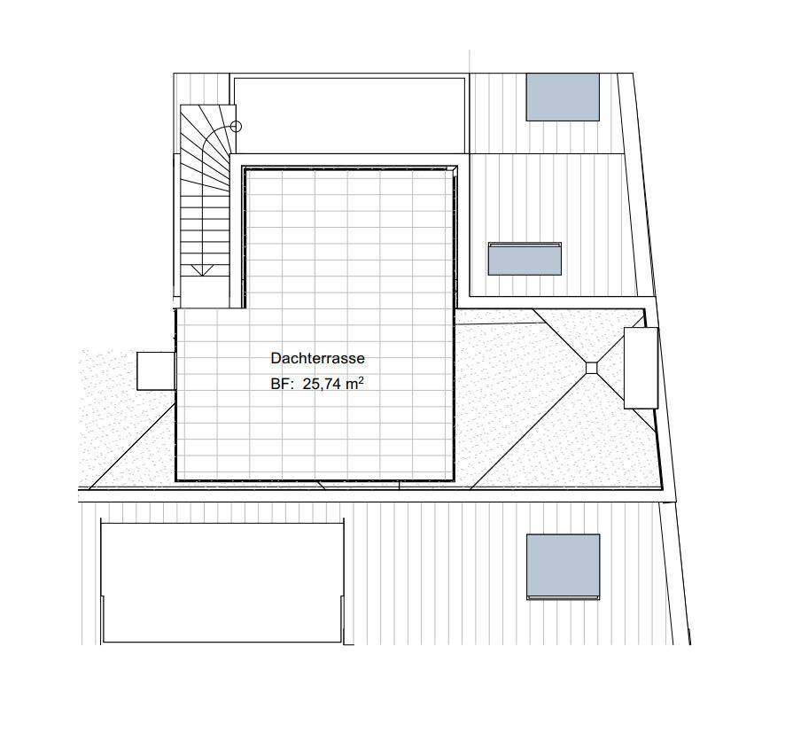 Grundriss der Dachterrasse mit einer Fläche von 25,74 m².