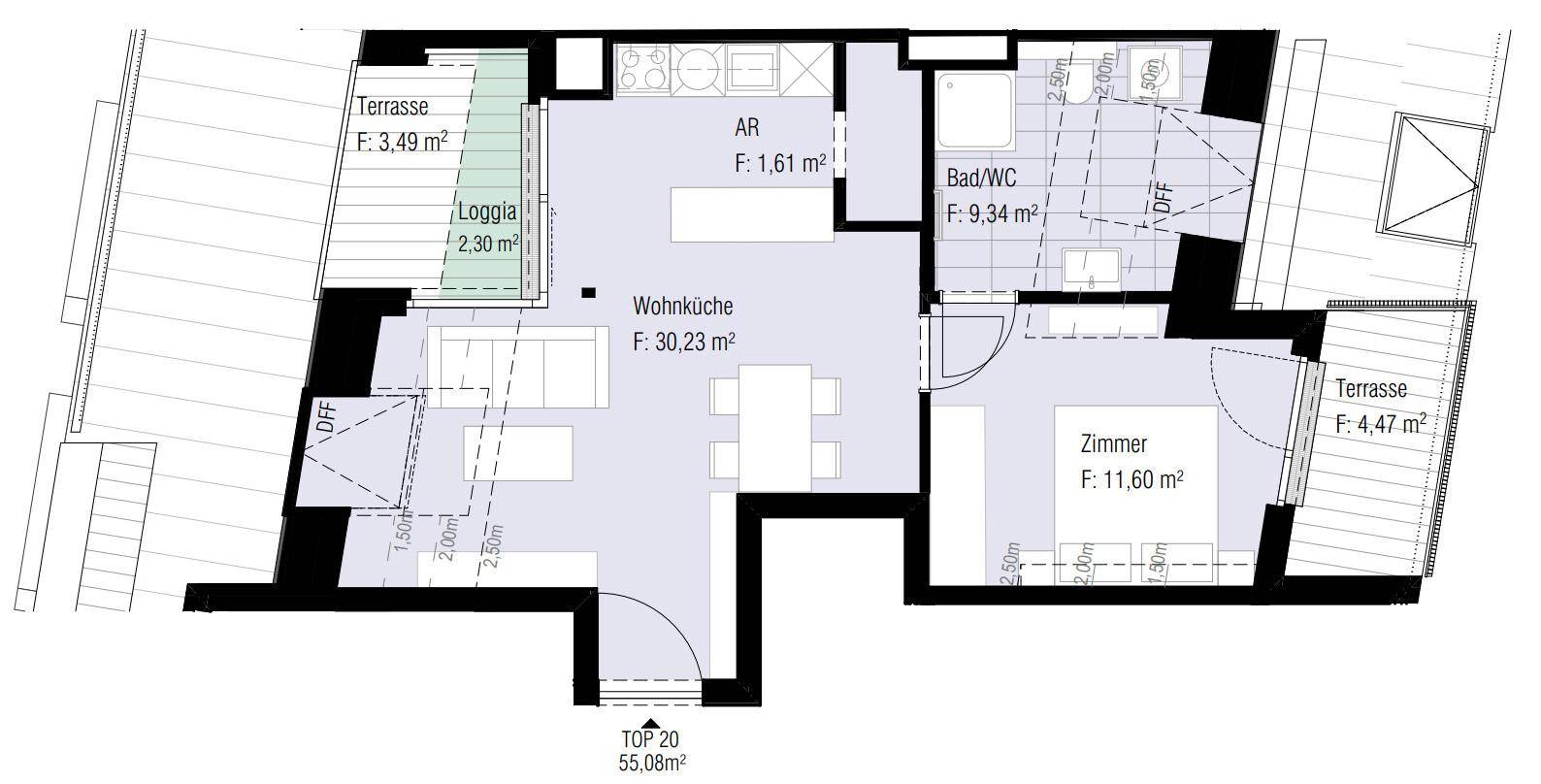 Grundriss einer Wohnung mit offener Wohnküche, einem Zimmer, Bad und zwei Außenbereichen.