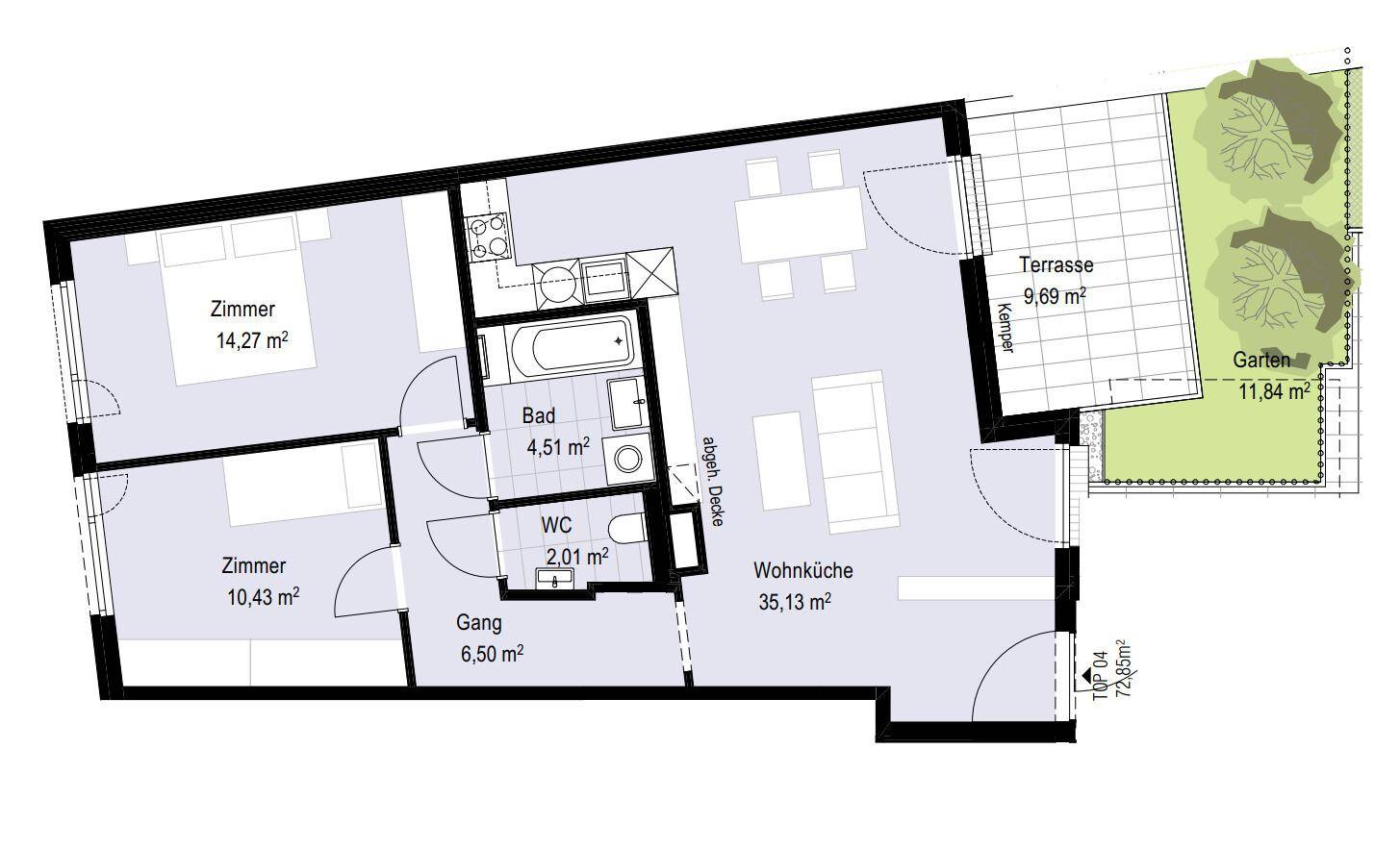 Grundriss einer Erdgeschosswohnung mit großzügiger Wohnküche, Terrasse und Garten.