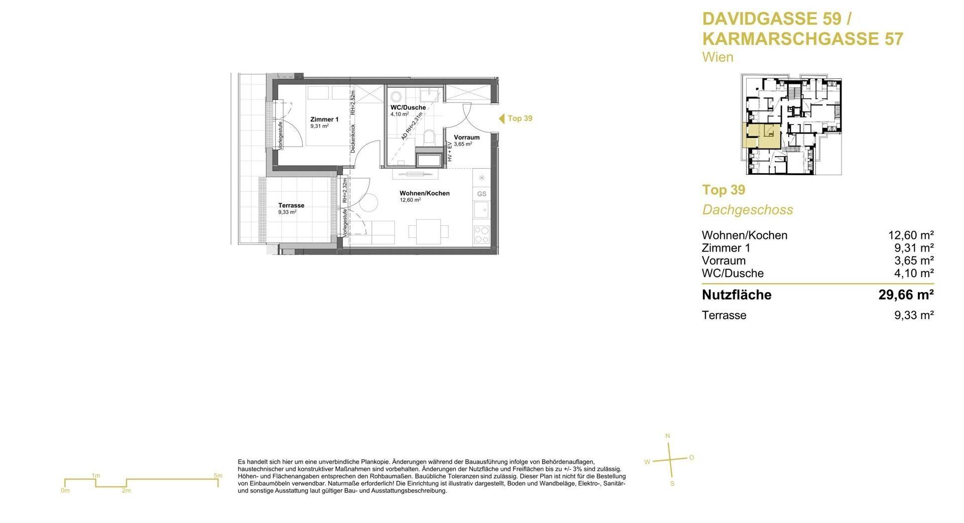 Grundriss des Dachgeschosses mit Wohn-/Kochbereich, Schlafzimmer, Bad und Terrasse.