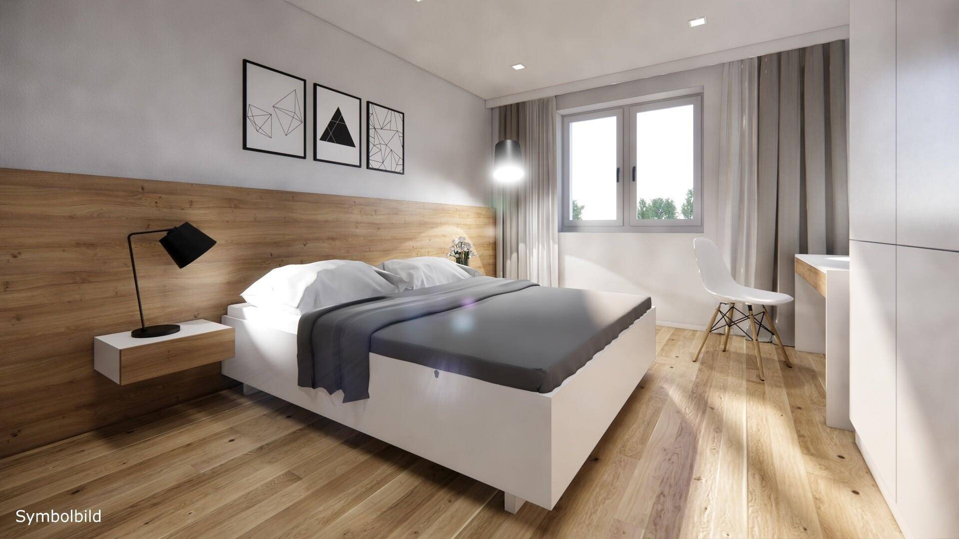Helles Schlafzimmer mit modernem Design, Holzboden und großem Fenster.