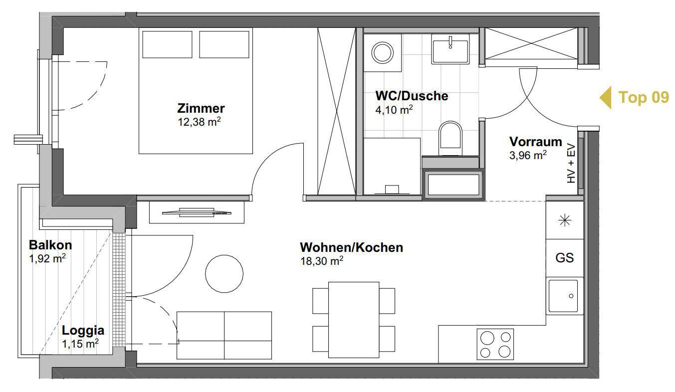 Grundriss einer Wohnung mit offenem Wohn-/Kochbereich, einem Zimmer, Balkon und Loggia.